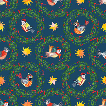 Pattern with funny birds in winter hats , sweaters and scarves and green wreath with red berries. Watercolor hand-drawn images. Print for wrapping paper, covers, bed linen, home textiles.