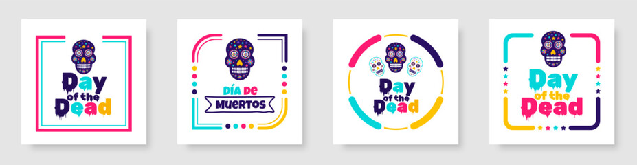 Day of the dead, Dia de los muertos, Día de Muertos colorful Mexican skull art social media post banner or sticker design template set. traditional Mexican holiday poster, party flyer, card, banner