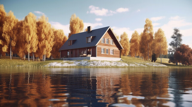3D illustrated lake house.