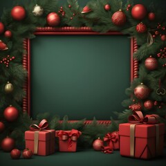 Christmas frame with gifts and Christmas tree on green background.generative ai