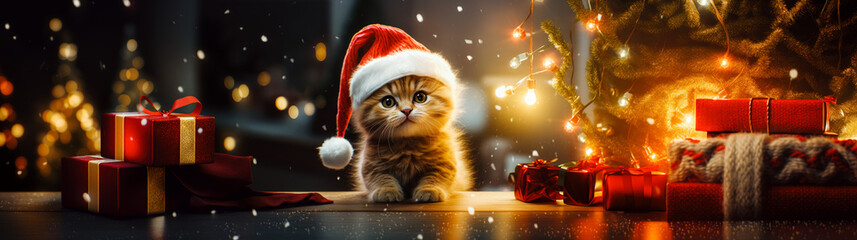 An adorable kitten wearing a red Santa hat sitting in a cozy, festively decorated living room.