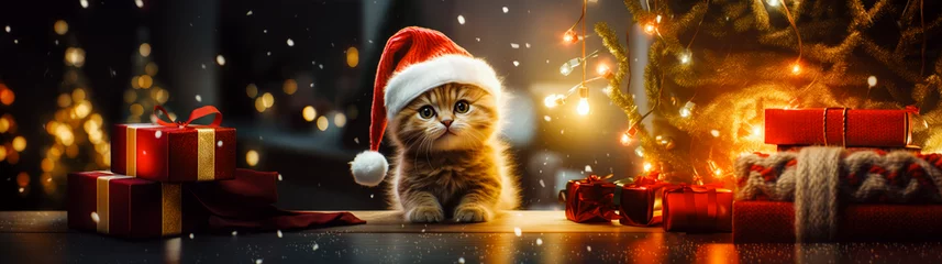 Fotobehang An adorable kitten wearing a red Santa hat sitting in a cozy, festively decorated living room. © Happy Prompt