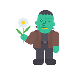 Monster with yellow teeth holding flower and winks