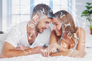 Horoscope concept. Loving couple and zodiac wheel, AI generated image - obrazy, fototapety, plakaty