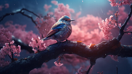 A pretty bird sitting on a cherry blossom tree under soft moonlight - obrazy, fototapety, plakaty