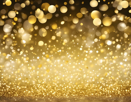 Gold bokeh light background, Christmas glowing bokeh confetti and sparkle texture overlay for your design. Generative Ai
