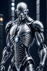 Naklejka premium A silver ironic cyborg with blazing eyes standing in a dark spaceship hallway.