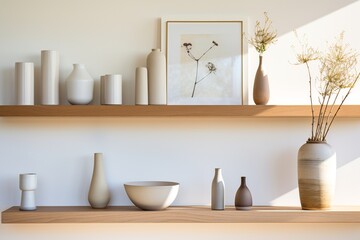 A chic wooden shelf displays an array of stylish, minimalistic modern vases, their simple design complemented by the subtle elegance of a blurred minimalist modern kitchen in the background. 