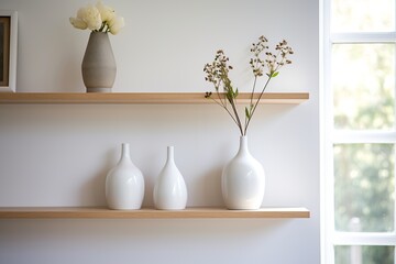 A chic wooden shelf displays an array of stylish, minimalistic modern vases, their simple design complemented by the subtle elegance of a blurred minimalist modern kitchen in the background. 