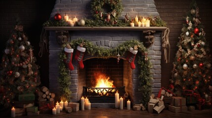 fireplace with Christmas decorations, Generative Ai