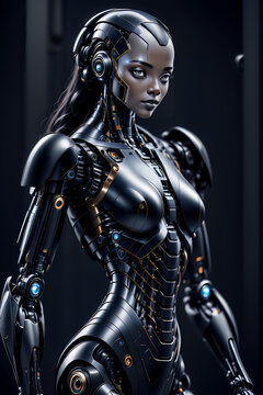 A black female cyborg with shiny eyes standing in a dark spaceship hallway.