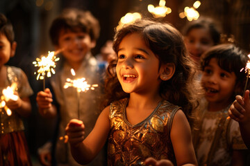 Obraz na płótnie Canvas Little girl holding sparklers celebrating diwali