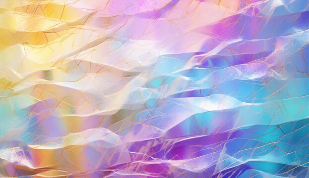 holographic background in gold, yellow, neon green and white, in the style of light sky-blue and pink, soft crosshatchings, glass as material, light purple and dark gray, water drops, embossed paper, 