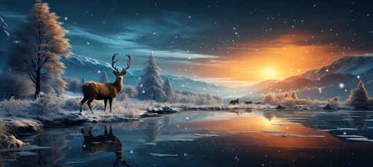 Festive snowy scene featuring snow-covered hills, a mountainous village, deer, woodland, pine trees, and reindeer. Seasonal natural backdrop with fox, elevations, and dwellings.