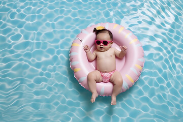 Cute baby in sunglasses relaxing on inflatable toy ring floating in swimming pool