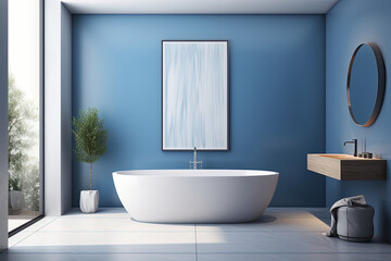 Interior of modern bathroom with blue walls, tiled floor, comfortable white bathtub and round mirror