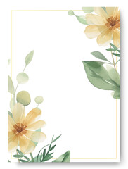 Wedding invitation template with watercolor yellow aster floral frame background. Border wedding design.