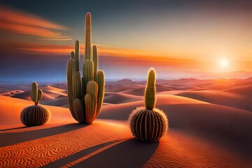 psychedelic and surreal scenery with cactus in the desert, created with genera - obrazy, fototapety, plakaty