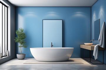 Fototapeta na wymiar Interior of modern bathroom with blue walls, tiled floor, comfortable white bathtub standing near round mirror and vertical mock up poster