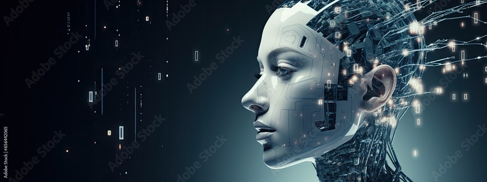 Poster white glossy female robot face with artificial intelligence with copy space to the left to show ai s