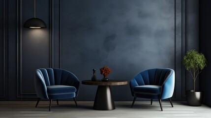 Gray textured wall room with two dark blue velvet arm chairs and little tree, table and lamp