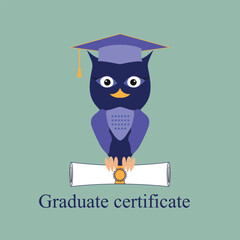 Owl in a graduate hat, master cap holds a graduate certificate, paper roll, scroll document, diploma in paws. Vector owl character in professors or teachers mortar