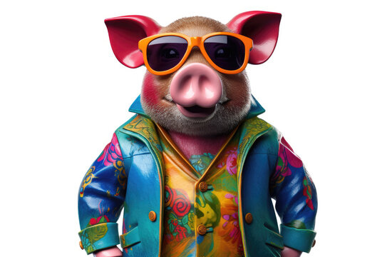 A cool and colorful little pig wearing sunglasses is depicted in a vibrant and playful illustration, perfect for fun and whimsical creations.