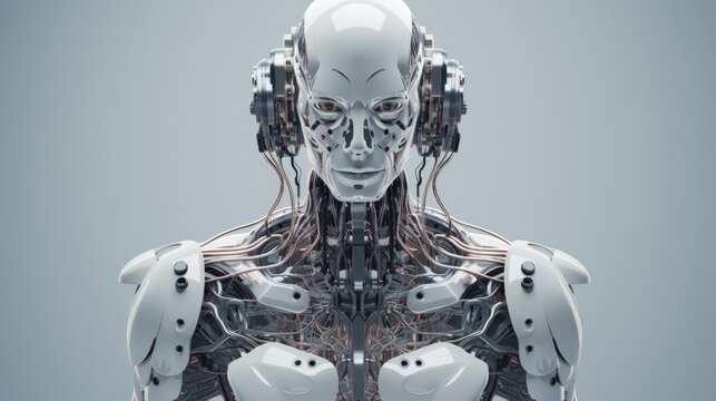 Upper body torso of white glossy male Artificial intelligence android robot in innovative futuristic technologies