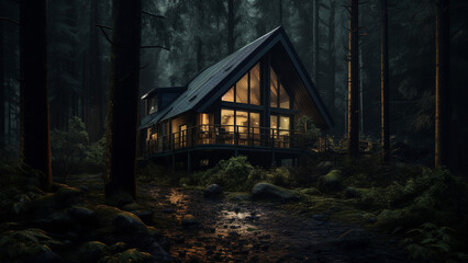 Fototapeta na wymiar Spooky atmosphere of a mountain cabin in the moonlight