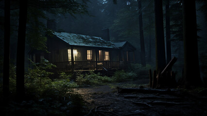 Spooky atmosphere of a mountain cabin in the moonlight
