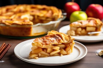 apple pie with a single slice separated on the same dish - obrazy, fototapety, plakaty
