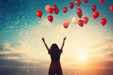 Freedom, Balloon trip, girl releasing balloons into the sky, dream, dream trip, freedom, AI generated