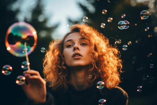 Red-haired woman between soap bubbles, fun, nature, spectacle, aesthetic, AI generated