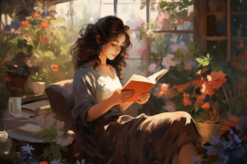 Illustration of woman reading, healthy lifestyle, knowledge in nature, AI generated
