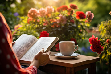 Healthy lifestyle, woman reading, healthy lifestyle, knowledge in nature, AI generated