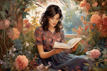 Illustration of woman reading, healthy lifestyle, knowledge in nature, AI generated
