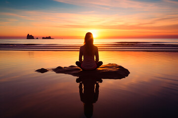 Yoga relax and chill on the beach, ocean view at sunset, lifestyle AI generated