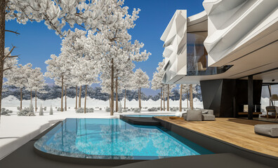 3d rendering of cute cozy modern house with bionic natural curves plastic forms with parking  and pool for sale or rent with beautiful landscape. Cool winter day with shiny white snow