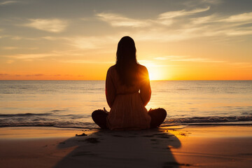 Yoga relax and chill on the beach, ocean view at sunset, lifestyle AI generated