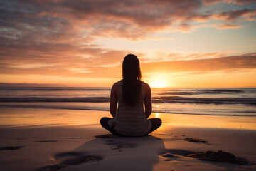 Yoga relax and chill on the beach, ocean view at sunset, lifestyle AI generated