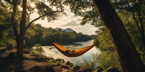Tranquility in hammock sunset view, forest landscape, relax and chill, AI generated