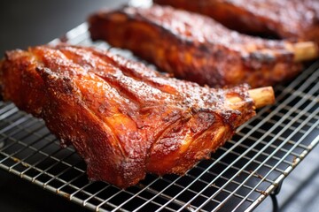 roasted applewood smoked pork ribs on a wire rack