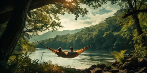 Tranquility in hammock sunset view, forest landscape, relax and chill, AI generated