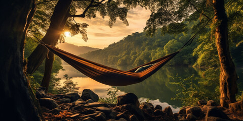 Tranquility in hammock sunset view, forest landscape, relax and chill, AI generated