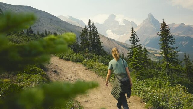 A cinematic shot of a women are hiking on a trail in the woods of Alberta, on the Parker Ridge hike in Canada, over looking mountains and the stunning scenery