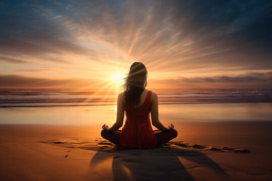 Yoga relax and chill on the beach, ocean view at sunset, lifestyle AI generated