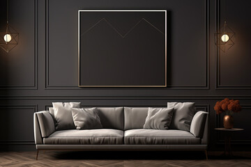 Interior of modern living room with black walls, wooden floor, comfortable sofa and mock up poster frame