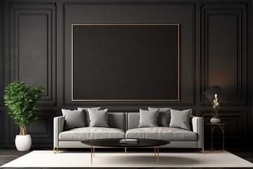 Modern interior with black walls, carpet, sofa and mock up poster frame