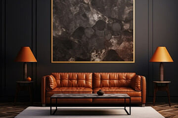 Interior of modern living room with brown leather sofa, lamp and black wall