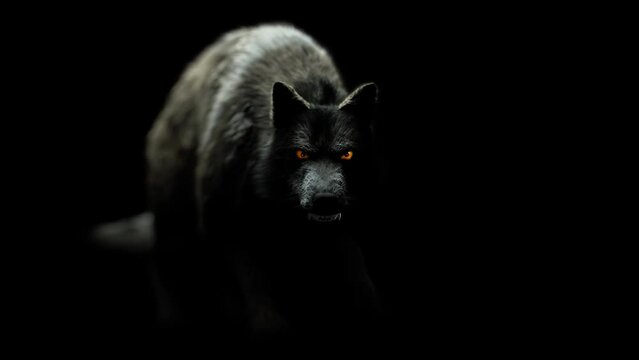 Spooky Wolf: The monster walks in the dark, baring its fangs, with terrifying eyes. Disturbing lighting creates a horror atmosphere.